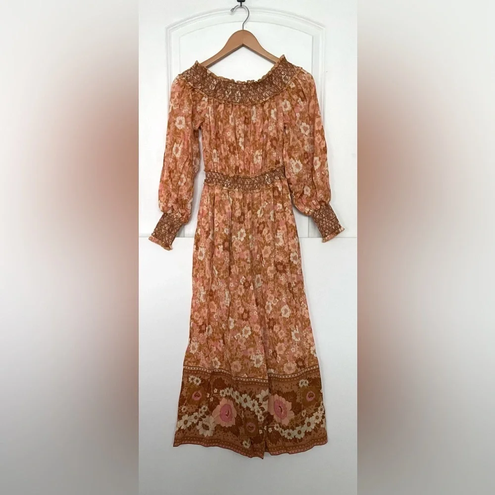 Spell Anne Smocked wide leg jumpsuit XS Peach antique floral off shoulder cotton - Picture 6 of 14